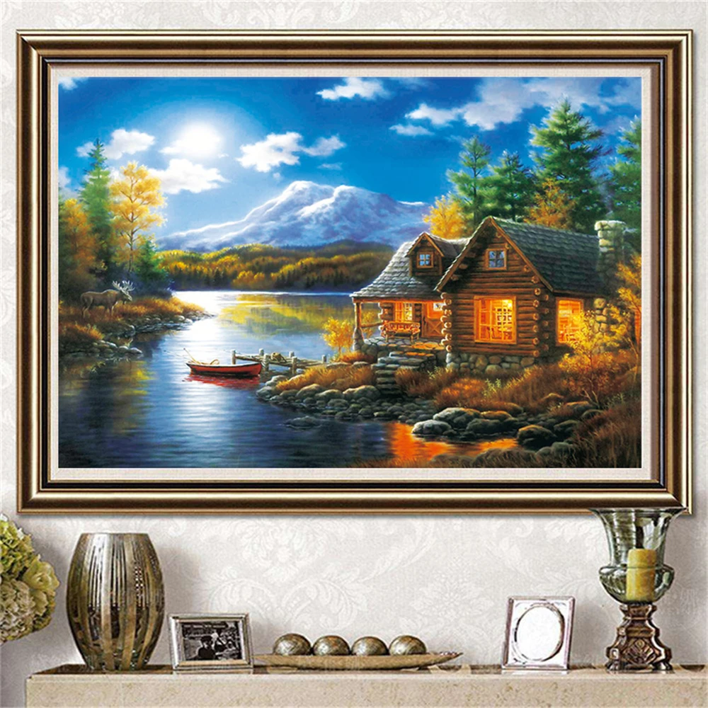 5D DIY алмазная живопись на берегу озера дом пейзаж Полный Круглый Алмазная вышивка