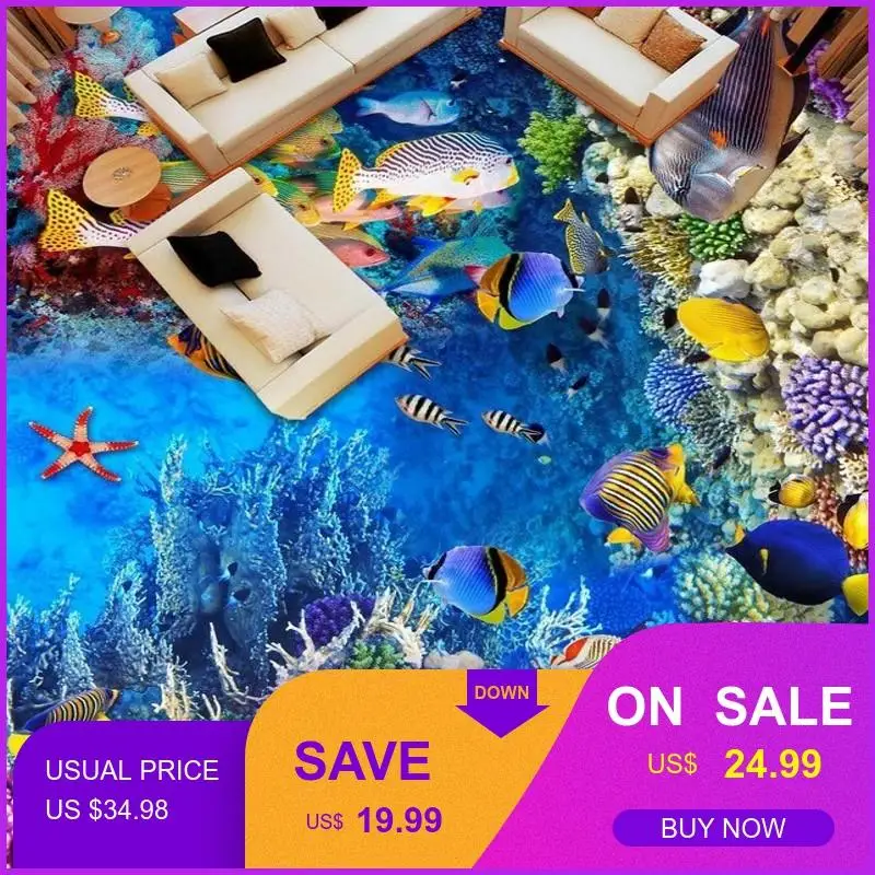 3D пол для ванной комнаты, гостиная, лобби, водостойкая фреска, морской мир, рыба, коралл, 3D обои для пола