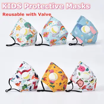 

Washable Kids Children Printed Mouth Face Mask With Valve PM2.5 Filters Breath-Valve Anti Dust Cartoon Masks Beauty
