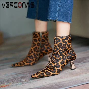 

VERCONAS 2020 Women Ankle Boots Autumn Winter Leopard Fashion Sexy Shoes Woman Concise Side Zipper High Heels Pointed Toe Boots