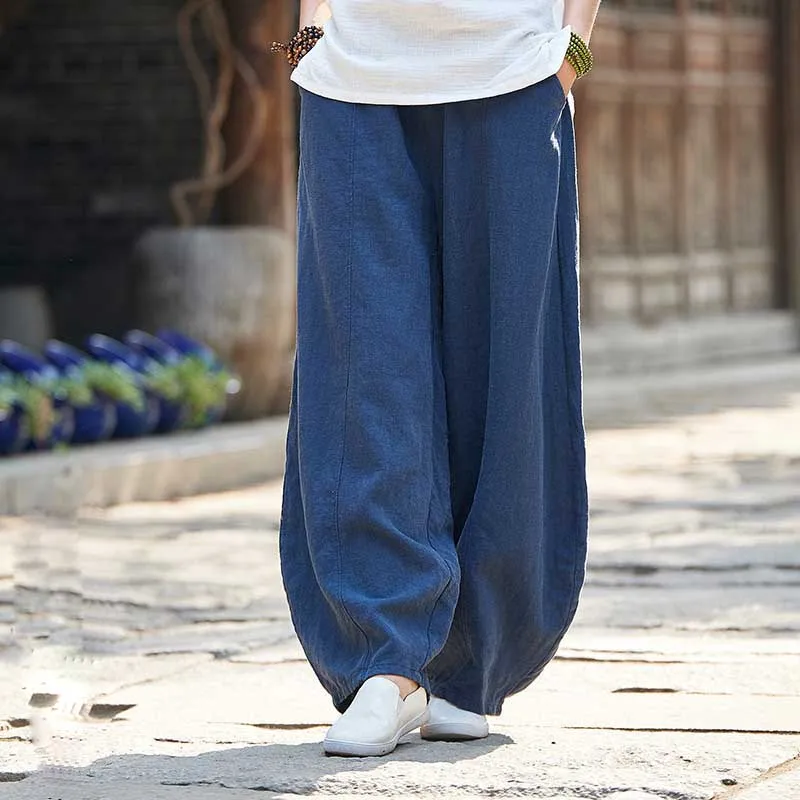 Темно-синий Весенне-осенние штаны из льна и хлопка, Женские Широкие штаны в китайском стиле, винтажные штаны для бега, женская одежда - Цвет: Темно-синий