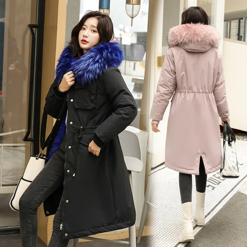 

Brushed And Thick Winter Coat Long WOMEN'S Dress Drawstring Rabbit Fur Hooded Korean-style Large Size Dress Versatile Parka Fash