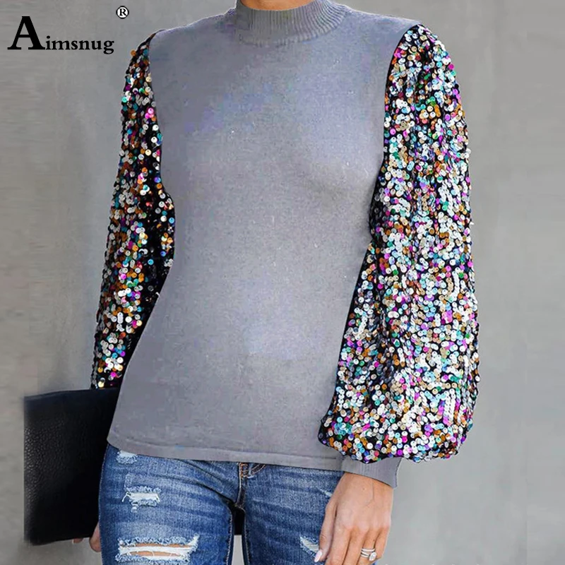 gray Aimsnug, осень, рубашка с длинным рукавом, Женская Повседневная футболка с блестками, Blusas, Harajuku, топы, футболка, женская одежда, Camiseta Mujer - Цвет: gray