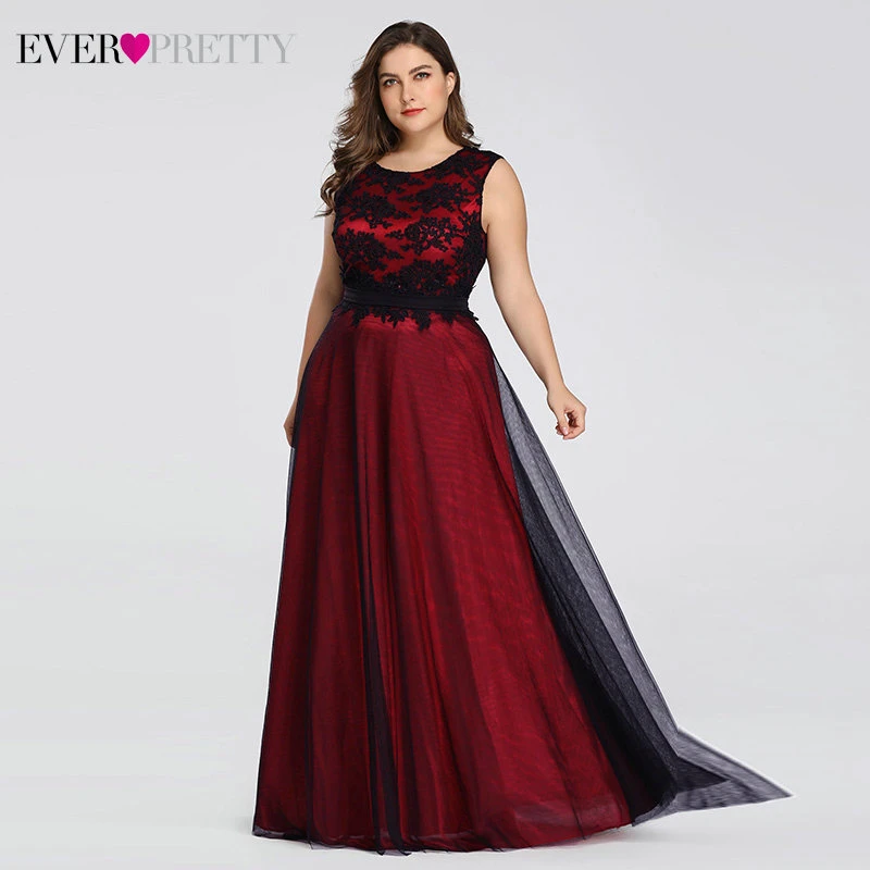 Plus Size Burgundy Prom Dresses Long Ever Pretty A-Line Lace Sleeveless Sashes Prom Dresses for Women Elegant Party Gowns 2020
