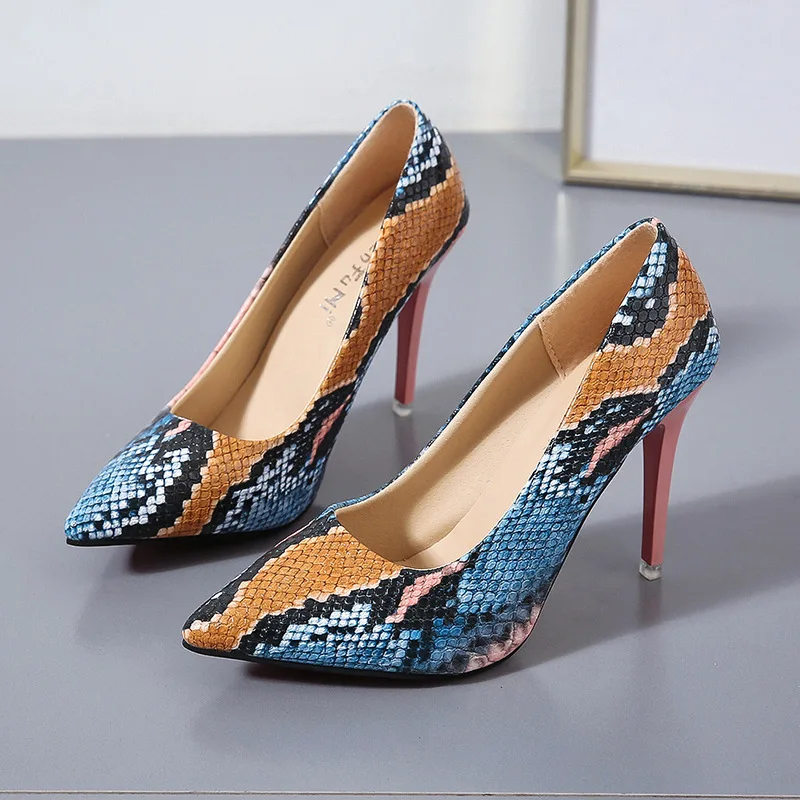 

Women Colorful Snake Printing Pointed Toe Pumps Female PU Leather Stiletto High Heel Gladiator Shoes Women Sexy Single Shoes D25
