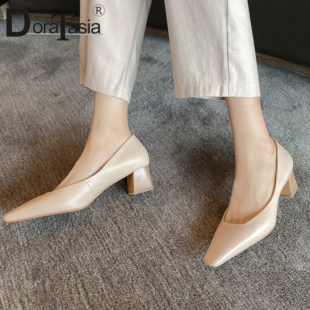 

DORATASIA Elegant Retro Spring Pumps Office Comfortable Pumps Women Sqaure Toe Shallow Med Heels Genuine Leather Shoes Woman