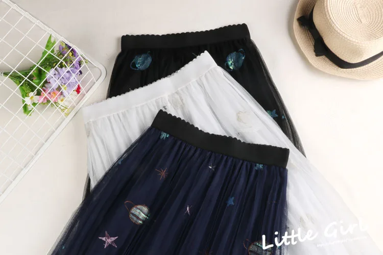 Universe Star Embroidery Women Tulle Skirt Spring Summer Mesh Long A Line Korean 2020 New High Waist Slender Star Feather tartan skirt