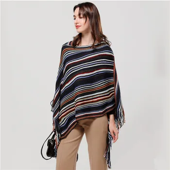 

New autumn and winter long women's scarf knit sweater cape thickened cape striped warm jacket
