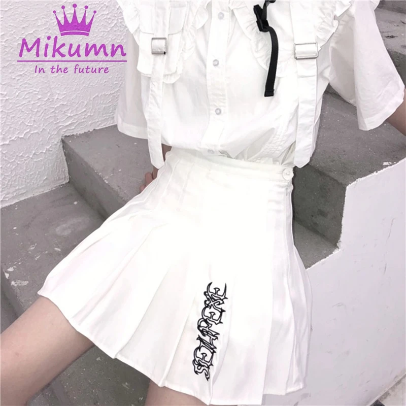 Harajuku вышивка буквами Высокая талия юбка панк готический уличная трапециевидная мини плиссированная летняя юбка женская одежда