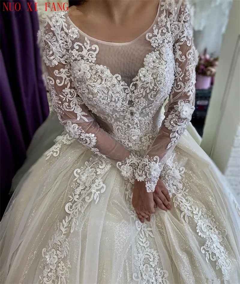 Gorgeous Arabic Dubai Lace Beaded Wedding Dress Long Sleeves Sheer Neck Crystals Bridal Gowns Corset Back robe mariee mariage