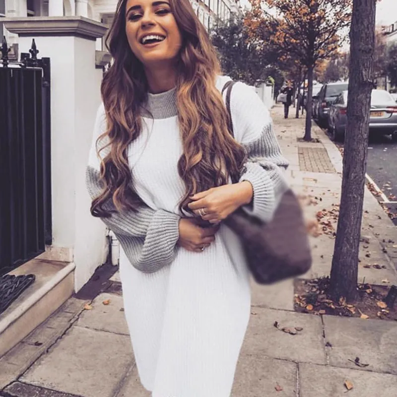 

Autumn Winter Oversized Women Knitted Sweater Pullover Lantern Sleeve Thick Warm Casual Turtleneck Long Sweater Pull Femme