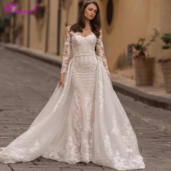 

Fsuzwel Luxury Scoop Neck Long Sleeve Beaded Mermaid Wedding Dress 2020 Gorgeous Appliques Detachable Train Vintage Wedding Gown