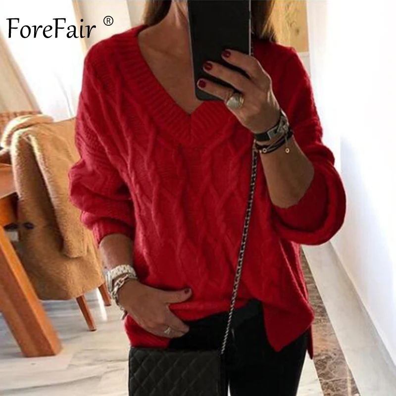 Forefair, зимний однотонный вязаный свитер, женские топы, v-образный вырез, тонкий, вязанный крючком, Осенний трикотаж размера плюс, черный, белый, Повседневные свитера