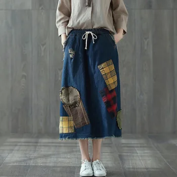 

#1754 Denim Skirt For Women Elastic Waist Lace-up Pockets Appliques Hole Casual Loose Retro Jean Skirts Ladies Blue Autumn 2019