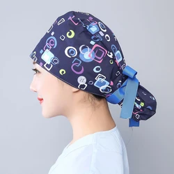 Unisex Doctor Nurse Work Hat Floral Printed Face Cover Buttons Beanies Adjustable Dust-Proof Beauty Hat Breathable Cap