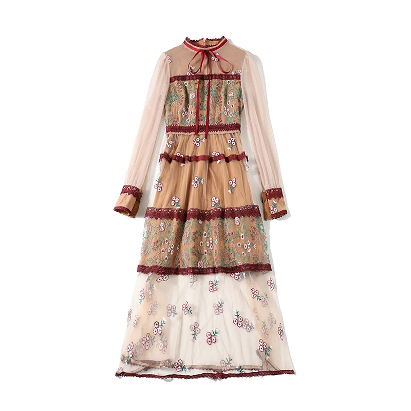 New Fashion Women Spring Lantern Sleeve Mesh Patchwork Embroidery Midi Dress Evening Party Dresses Jurk