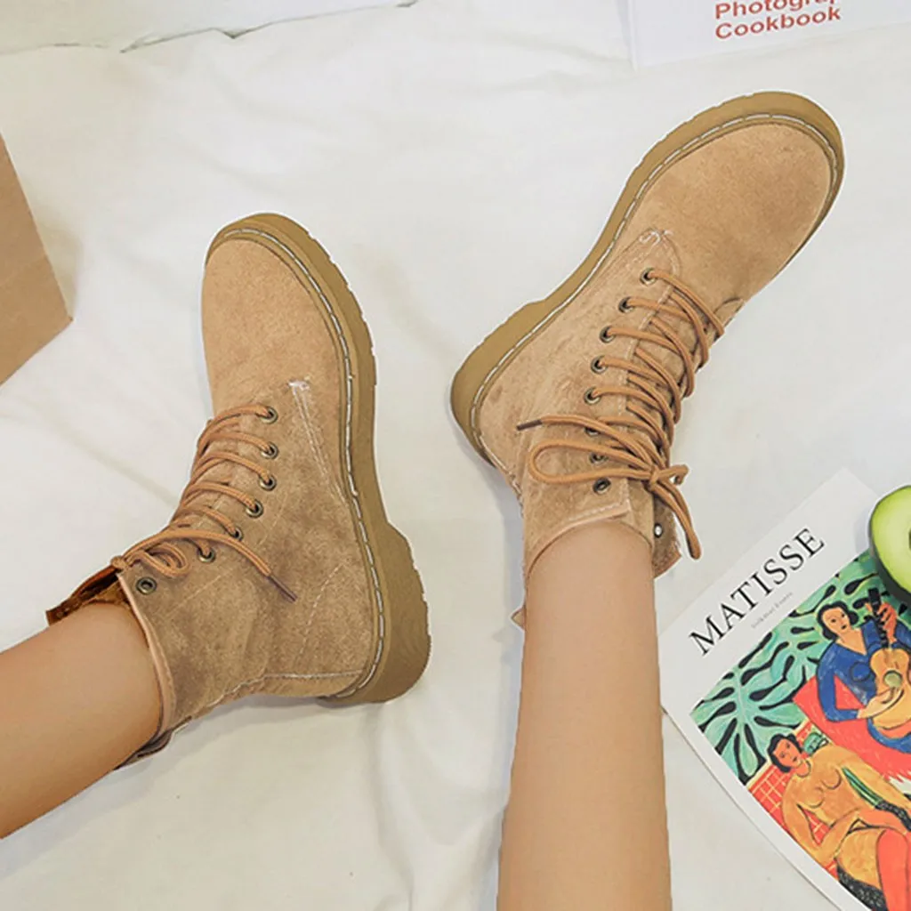 

Winter Shoes Women Fashion Flock Marten Boots Shoes 2019 Solid Round Toe Flat Motorcycle Boots Lace Up Sewing Soft Footwears