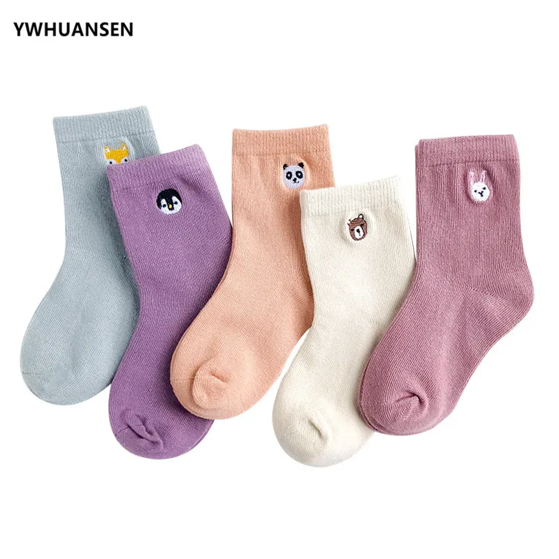 YWHUANSEN/5 пар/лот, хлопковые детские носки для мальчиков от 1 до 11 лет осенне-зимние полосатые носки с вышивкой для маленьких девочек