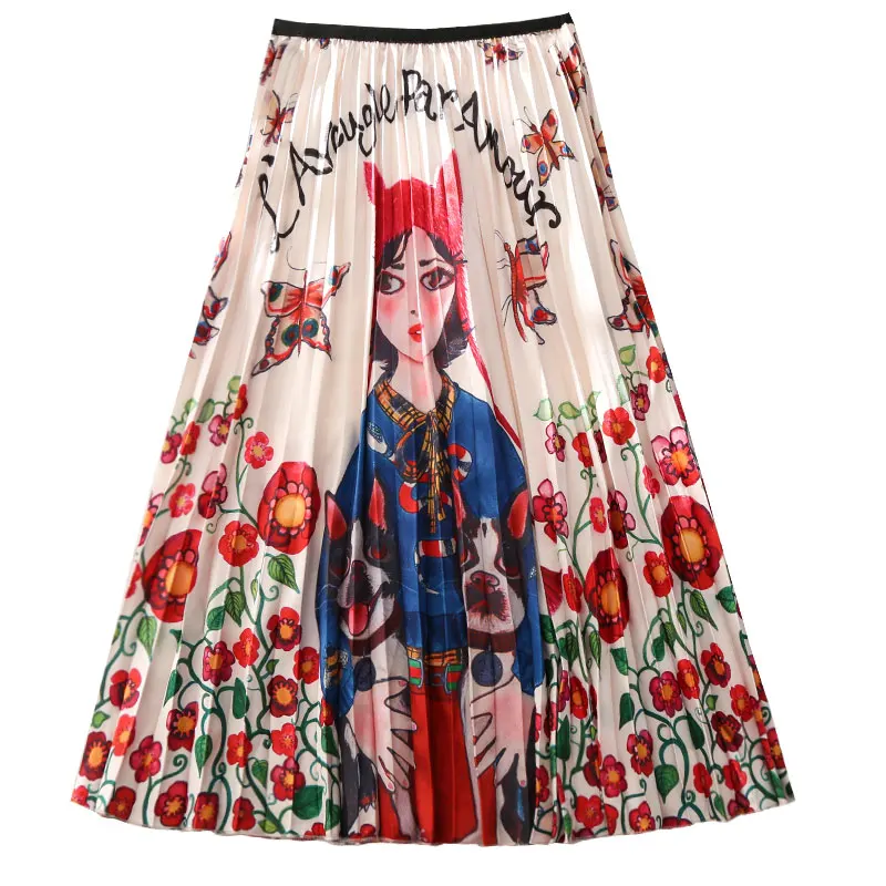 Новое поступление, весенние женские элегантные гофрированные длинные юбки с рисунком из мультфильма, юбки до середины икры из тюля с высокой талией в стиле Харадзюку