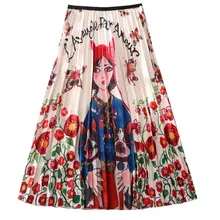 Новое поступление, весенние женские элегантные гофрированные длинные юбки с рисунком из мультфильма, юбки до середины икры из тюля с высокой талией в стиле Харадзюку