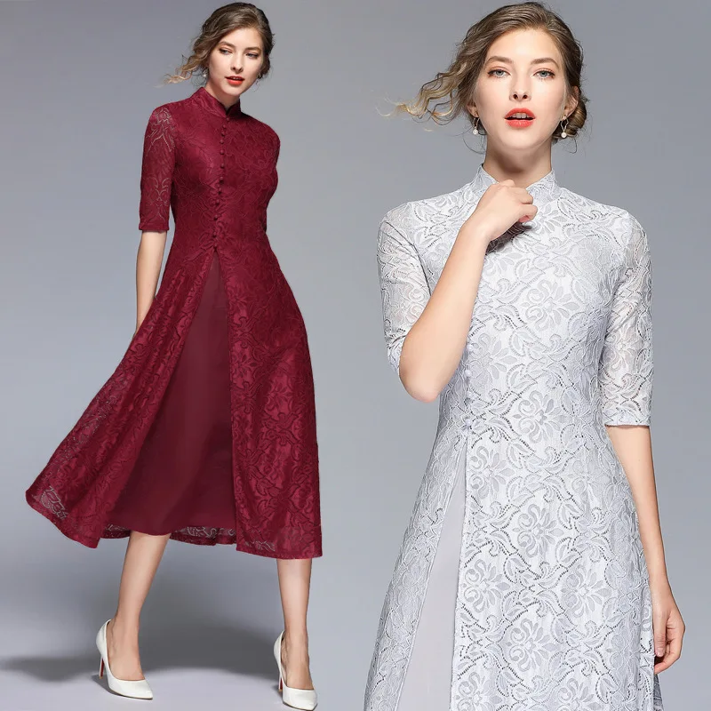 

1016 Ozhouzhan Spring And Summer New Style Lace Dress Retro Stand Collar Cheongsam One Piece Long Skirts