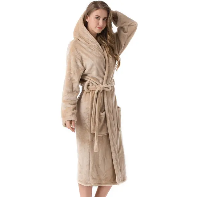 2020 Winter Kimono Robe Plush Fleece Bath Robes For Women Soft Warm Long Sleeve Hooded Nightgown Loungewear Sleepwear Khaki