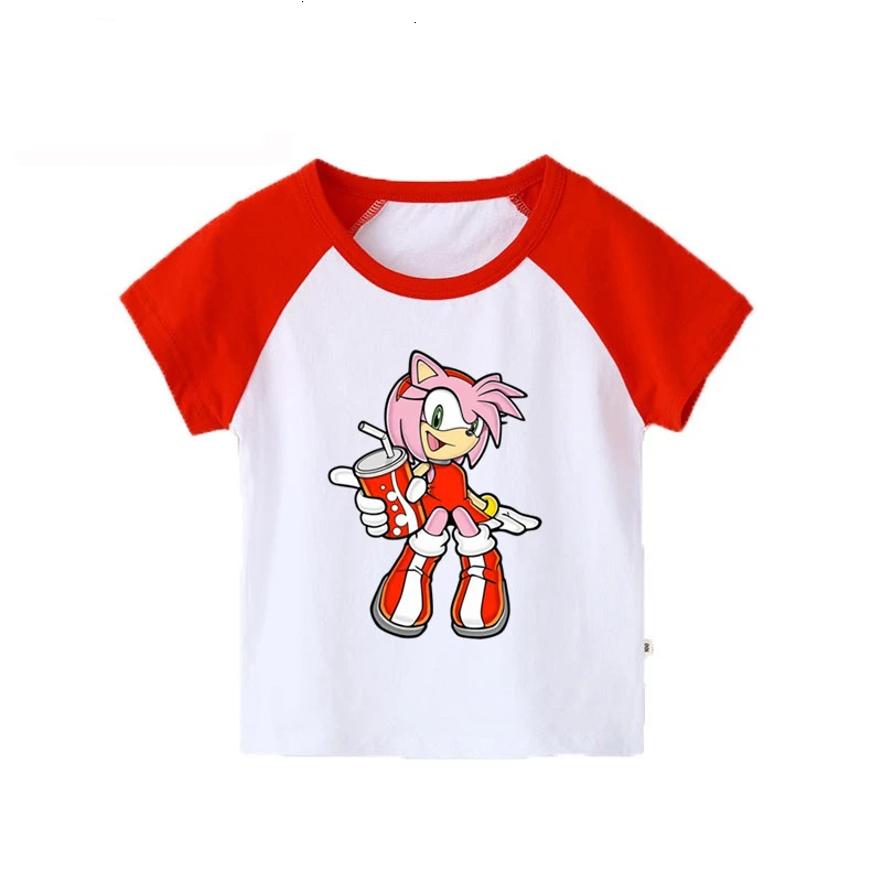 Красный Соник amy rose, забавная белая футболка из хлопка, детские летние топы с круглым вырезом, Детская футболка с рисунком, одежда для малышей - Цвет: Красный