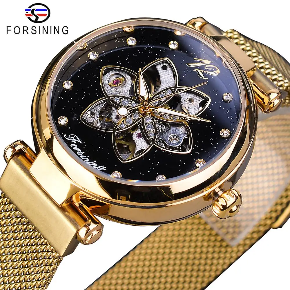 Forsining Mehanical женские часы лучший бренд роскошные золотые сетки с бриллиантами