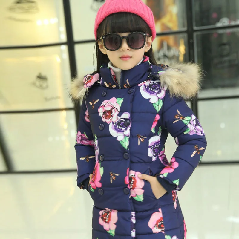 1 предмет, модное зимнее длинное пальто для девочек, детская одежда средней длины с цветочным рисунком одежда на хлопковой подкладке с меховым капюшоном