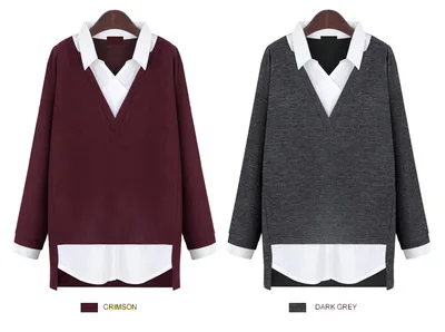 

Western Style Large Size Dress Plus-sized Contrast Color Mock Two-Piece Long-sleeve Blouse