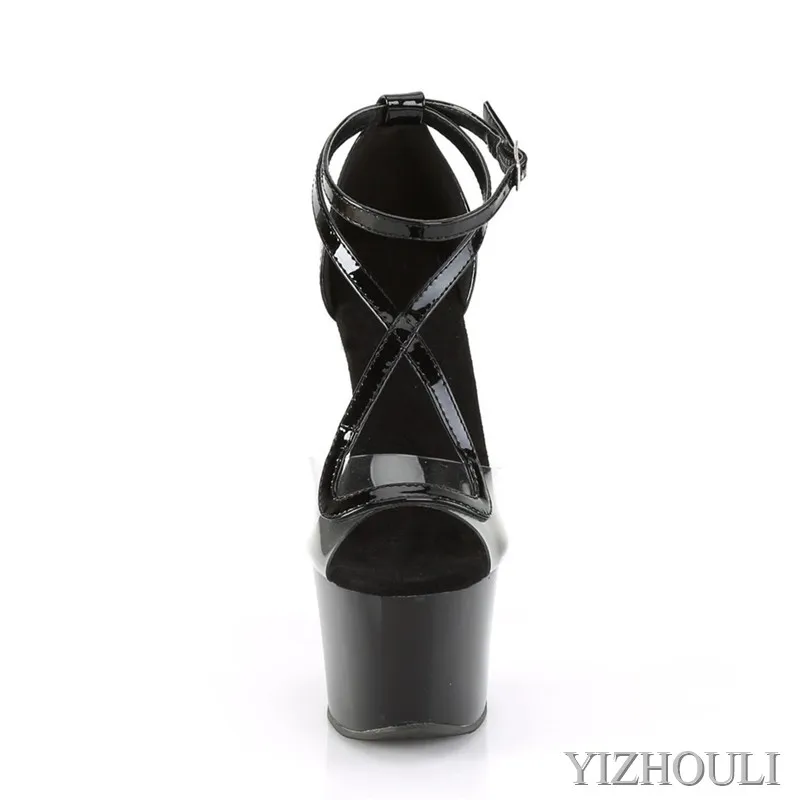 17 cm Roman sandals with cross strap, 7 inch lacquered soles, transparent vamp, model pole dancing exercises, dancing shoes