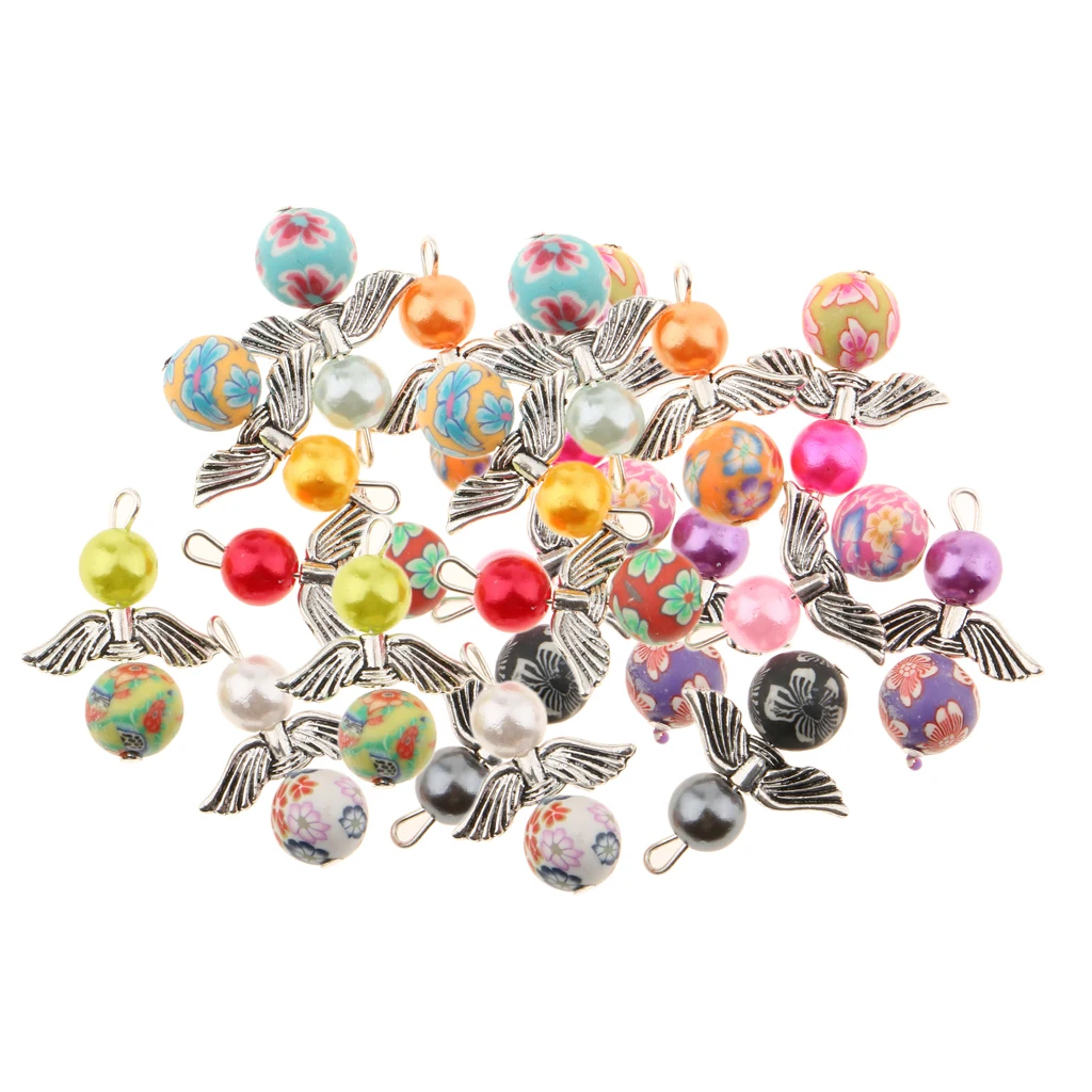 20 Pcs Tibetan silver color Angel Wing Pearl Polymer Clay Beads DIY Dangle Pendants Earrings Bracelets Necklaces Chokers