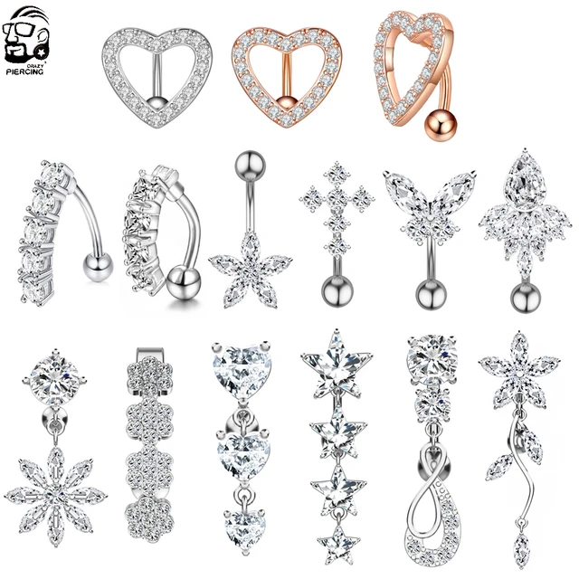 Surgical Steel Dangle Belly Button Rings Cubic Zirconia Belly Button Rings Set 14G Surgical Stainless Steel Navel Belly Rings 10mm Piercing Barbell Body Jewelry Belly Button Ring Gold Silver Nipple Rings