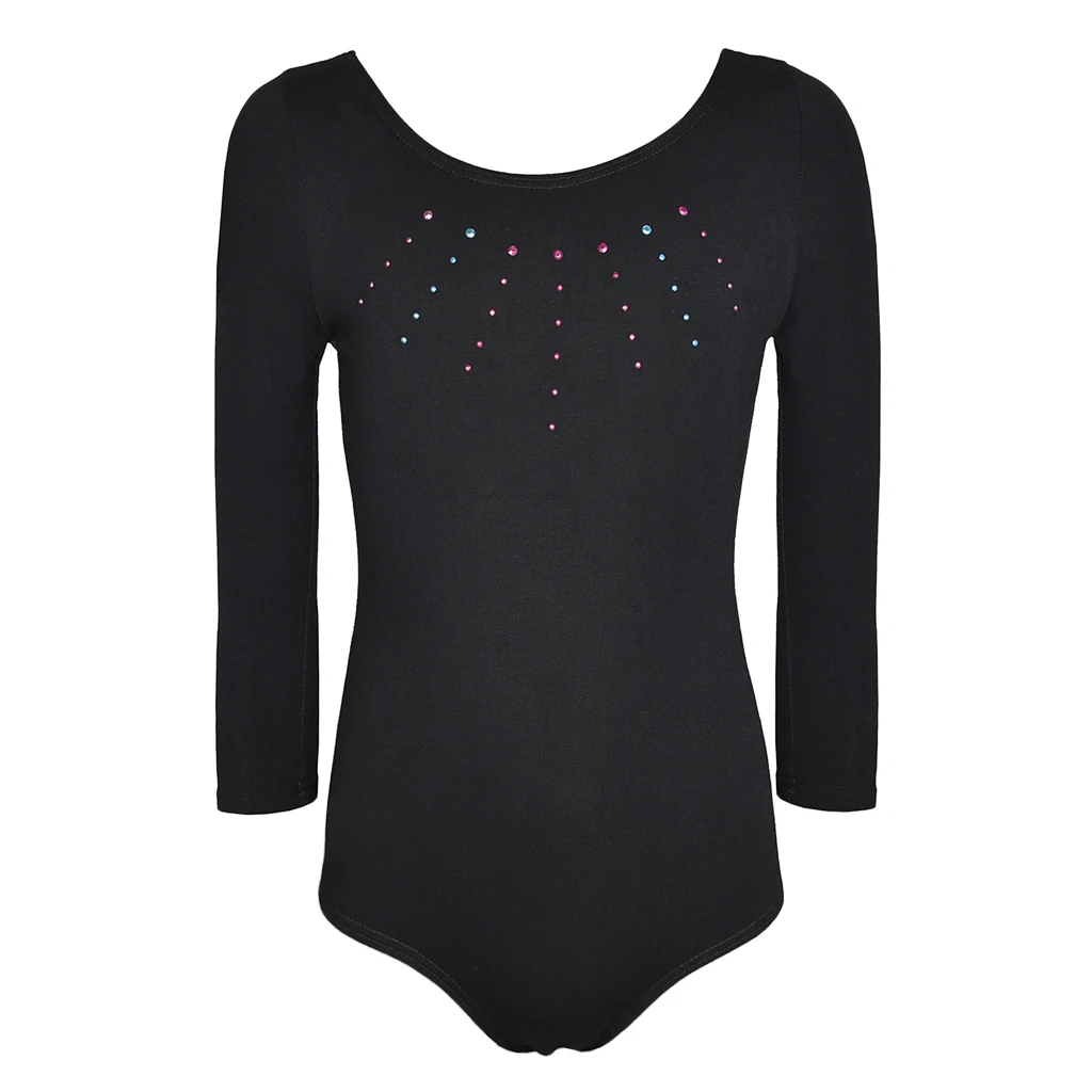 Long Sleeve Girls Crystal Solid Black Leotard Sport Dance Ballet Gymnastic Elastic Leotard