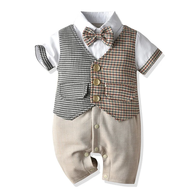 

Summer Baby Boys Formal Dress Romper Toddler Infant Gentleman Short Sleeve Fake Vest 2pcs Jumpsuits Child Birthday Party Costume