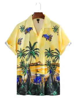 

Men Summer Fashion Brand Hawaiian Style Car Palm Tree Print Short Sleeve Shirt Male Casual Loose Beach Travel Shirt Cloth