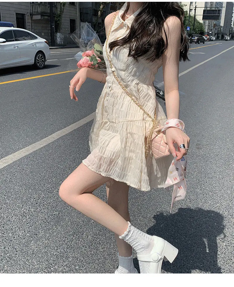 Sweet Dress Women Mini Folds Turn-down Collar Elegant Princess Sleeveless Single Breasted Comfort Solid Breathable Summer Girl cute dresses