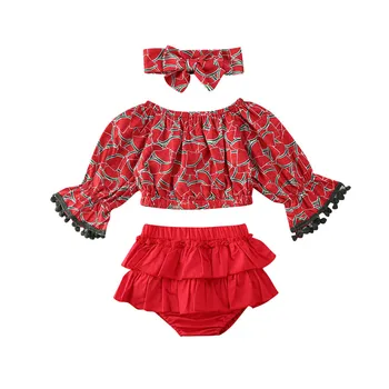 

3PCS Newborn Baby Girls Watermelon Clothes Sets Long Sleeve Tassel Tops T-Shirt Ruched Shorts Pants Headband Outfits 0-24M