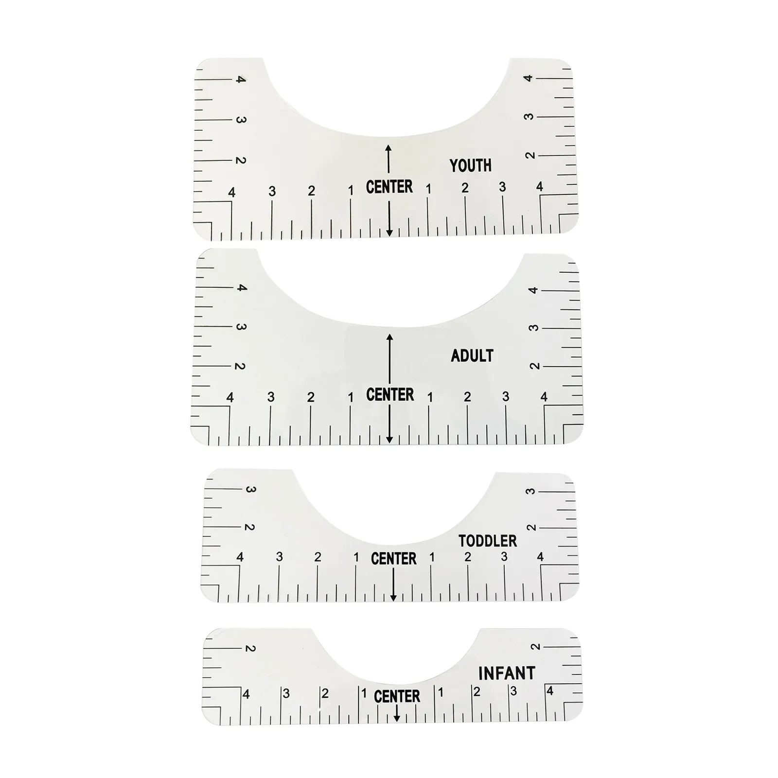 Regla de alineación de camisetas para guía, diseño de camiseta, reglas de moda con tabla de tamaños, plantilla de dibujo de bricolaje, herramienta de dibujo artesanal, 4 uds.