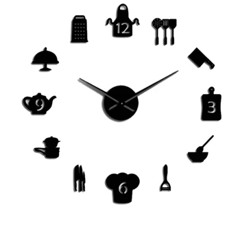 

Kitchen Cooking Tools DIY Giant Wall Clock Utensils Frameless Large Wall Watch Modern Dining Room Wall Art Decor Gift Black