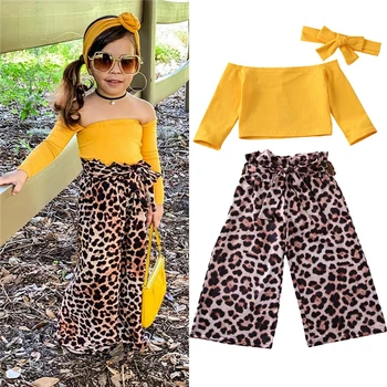 

Summer 3pcs kids clothes Child Off Shoulder Crop Tops Pants Children Leopard Style Children Girl Clothing Sets 1-6Y