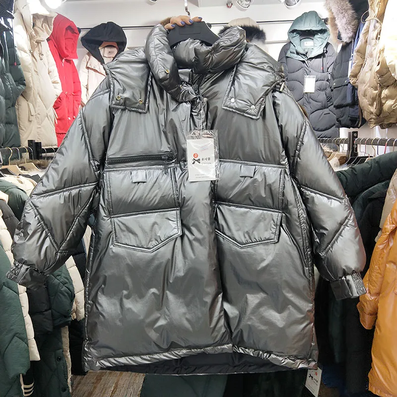 Зимняя парка, женское теплое пальто, новая Корейская версия, свободный, большой размер, длинный, с капюшоном, с подкладкой, Женская Толстая, глянцевая, хлопковая куртка