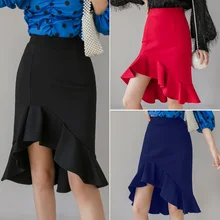 Черная, красная, темно-синяя юбка длиной до колена, рыбий хвост, весенняя, осенняя, Корейская, стильная, офисная, женская, нестандартная юбка-русалка, S-XXXL