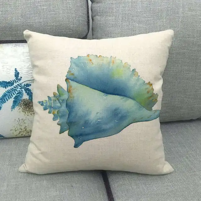 Home Decor Cushion Cover 45x45cm Ocean Style Sofa Seat Decoration Throw Pillowcase Conch Shell Printed Square Linen Pillow Cover 2