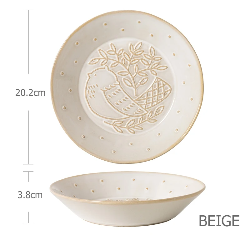 Beige 8 дюймов Ретро резная паста тарелка рельеф птица обеденное блюдо глубокое блюдо круглый акцент сервировочная тарелка Суповая тарелка столовая посуда поставка - Цвет: Beige