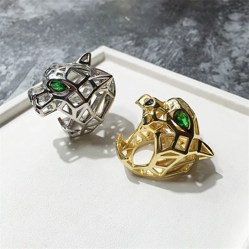 Trendy Hollow Leopard Animal Finger Ring Green Eyes Hollow Panther Heads Ring for Men Women High Quality Party Jewelry