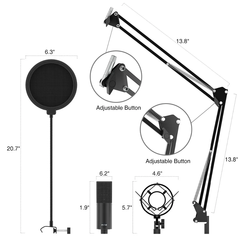 gaming microphone Fifine USB PC Condenser Microphone with Adjustable desktop mic arm shock mount for  Studio Recording Vocals  Voice, YouTube karaoke microphone