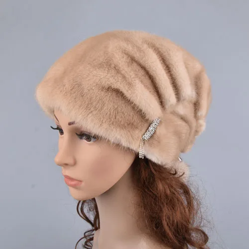 Beige yellow Женские зимние шапки из натурального меха норки с помпонами из меха норки, элегантная роскошная женская шапочка высокого качества - Цвет: Beige yellow