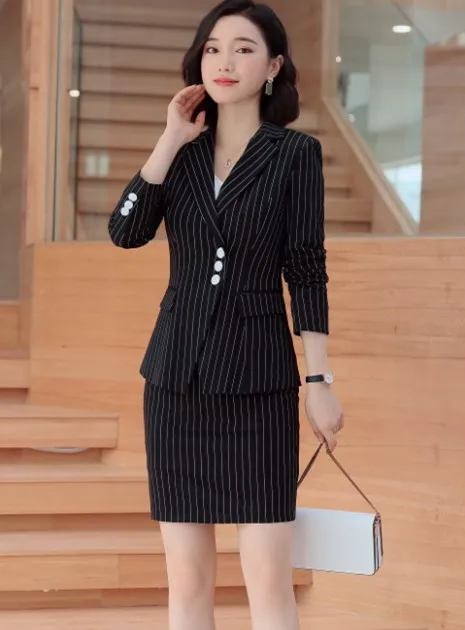 Black coat and skirt Бизнес интервью женские модные полосатые брюки костюмы темперамент формальный длинный рукав Блейзер и брюки Офисная Женская рабочая одежда - Цвет: Black coat and skirt