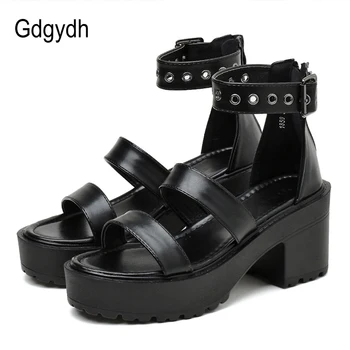 

Gdgydh Sexy Rivets Women Square Heel Sandals Platform Shoes Black Punk Rock Street Wear On Foot Back Zipper Cheap High Quality